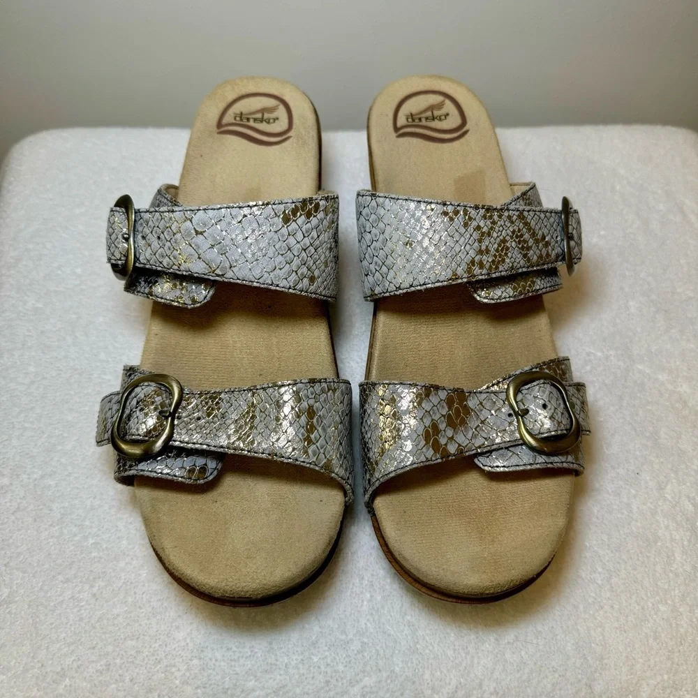 Dansko Sophie Leather Snakeskin‎ Metallic Slide Sandal Double Strap EUR size 41